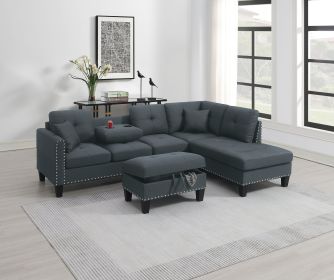 Living Room Furniture 3-PCS Sectional Sofa Set LAF Sofa RAF Chaise And Storage Ottoman Cup Holder Charcoal Color Linen-Like Fabric Couch (Color: as Pic) Living Room Furniture 3-PCS Sectional Sofa Set LAF Sofa RAF Chaise And Storage Ottoman Cup Holder Charcoal Color Linen-Like Fabric Couch (Color: as Pic)
